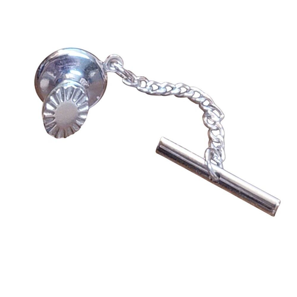 Vintage Oval Silver-Tone Tie Tack Chain Bar & Clutch Starburst like cuts edges